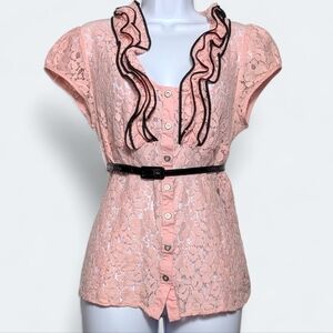 HeartSoul Lace Overlay Blouse Pink Ruffled Trim Top & Belt Cottagecore Romantic